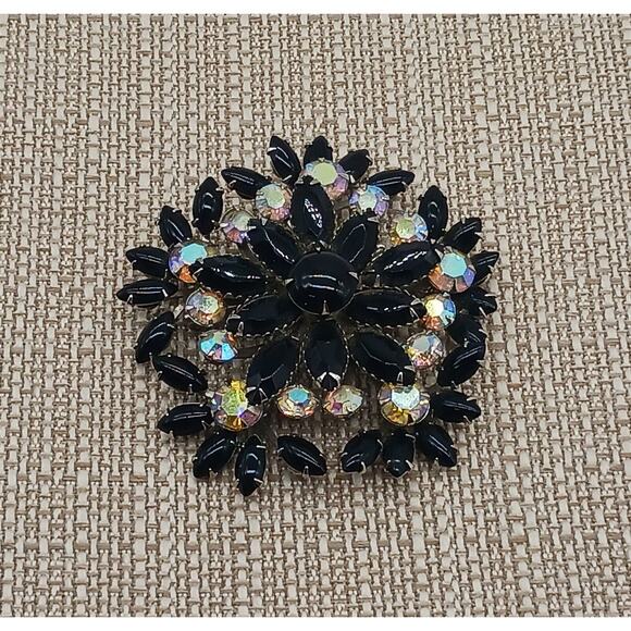 Amazing Bold Black Navette Prong Set Round Aurora Borealis Rhinestone Brooch Vtg - Picture 2 of 11